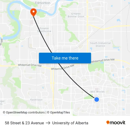 58 Street & 23 Avenue to University of Alberta map
