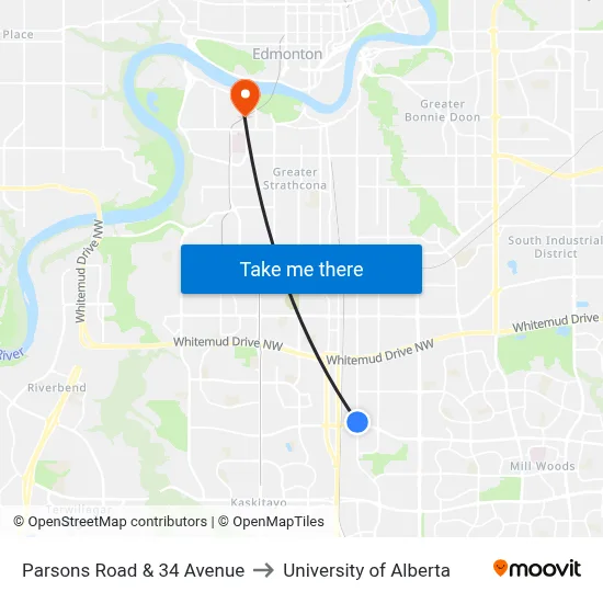 Parsons Road & 34 Avenue to University of Alberta map