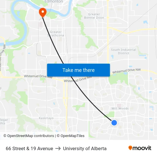 66 Street & 19 Avenue to University of Alberta map