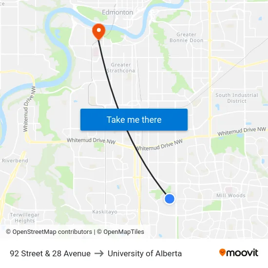 92 Street & 28 Avenue to University of Alberta map