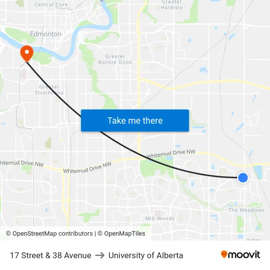 17 Street & 38 Avenue to University of Alberta map
