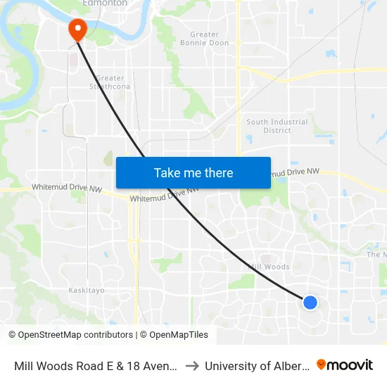 Mill Woods Road E & 18 Avenue to University of Alberta map