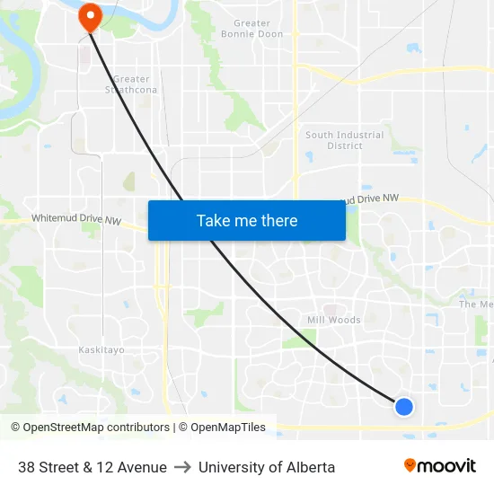 38 Street & 12 Avenue to University of Alberta map
