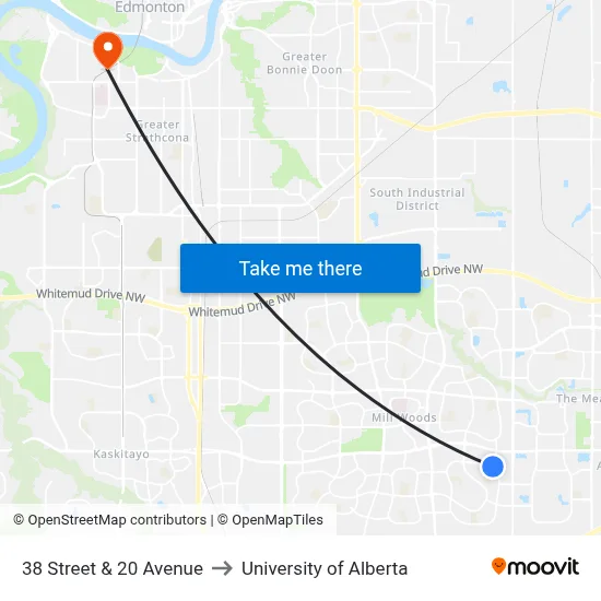 38 Street & 20 Avenue to University of Alberta map