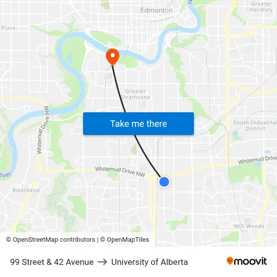 99 Street & 42 Avenue to University of Alberta map
