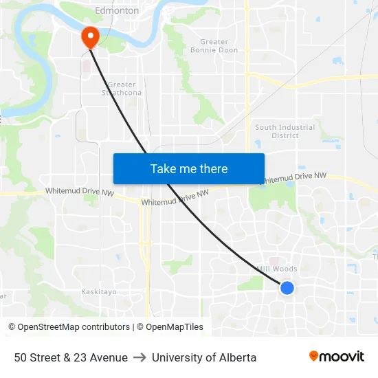 50 Street & 23 Avenue to University of Alberta map