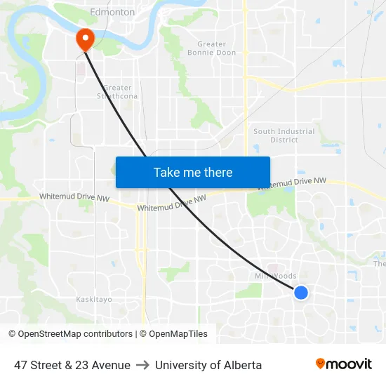 47 Street & 23 Avenue to University of Alberta map