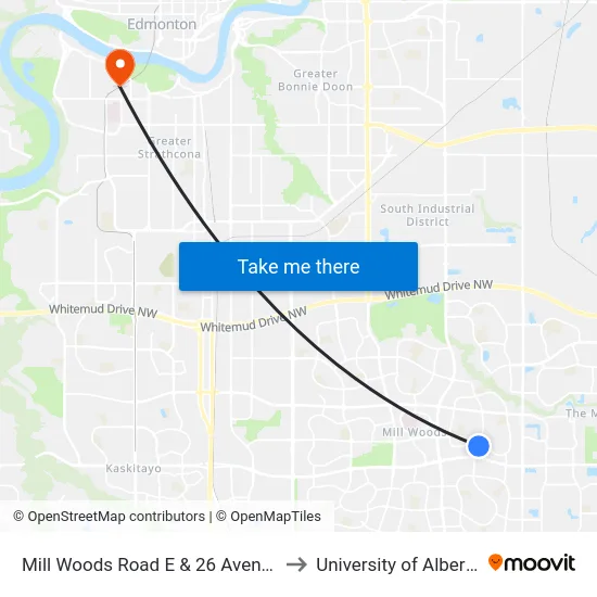 Mill Woods Road E & 26 Avenue to University of Alberta map
