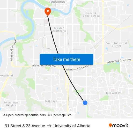 91 Street & 23 Avenue to University of Alberta map