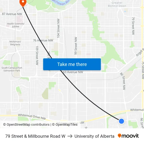 79 Street & Millbourne Road W to University of Alberta map