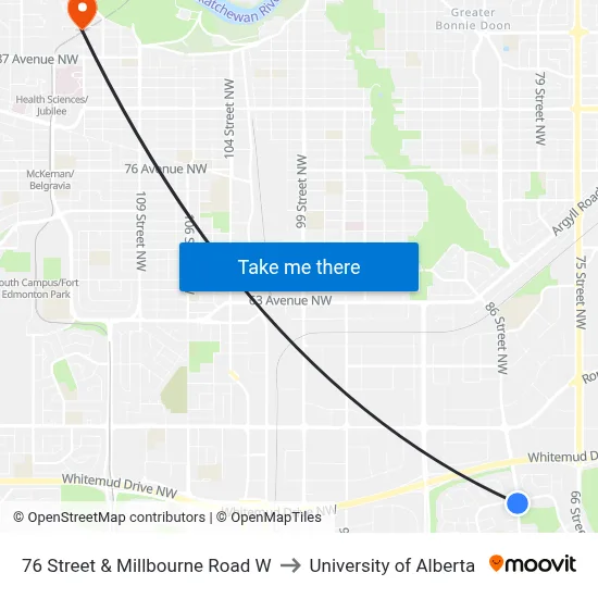 76 Street & Millbourne Road W to University of Alberta map