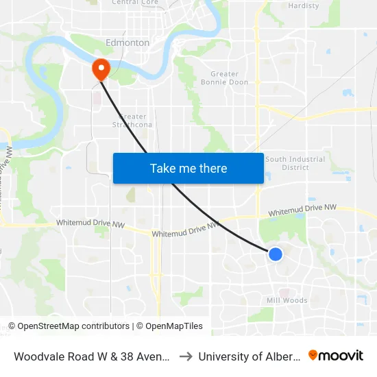 Woodvale Road W & 38 Avenue to University of Alberta map