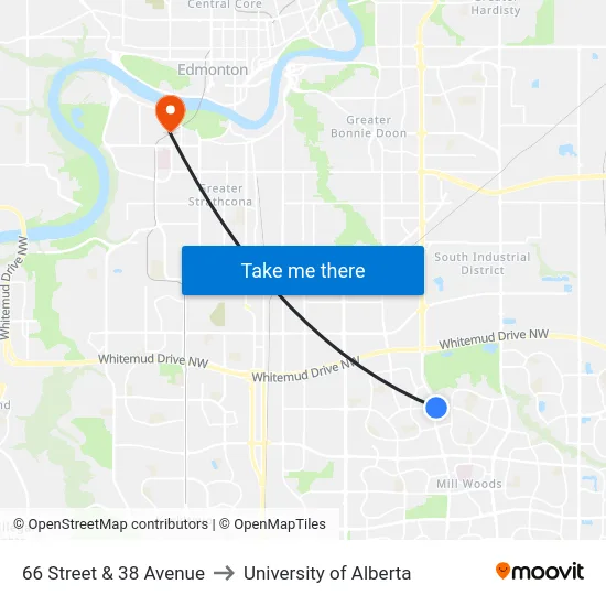 66 Street & 38 Avenue to University of Alberta map