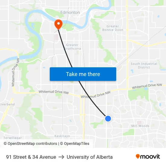 91 Street & 34 Avenue to University of Alberta map