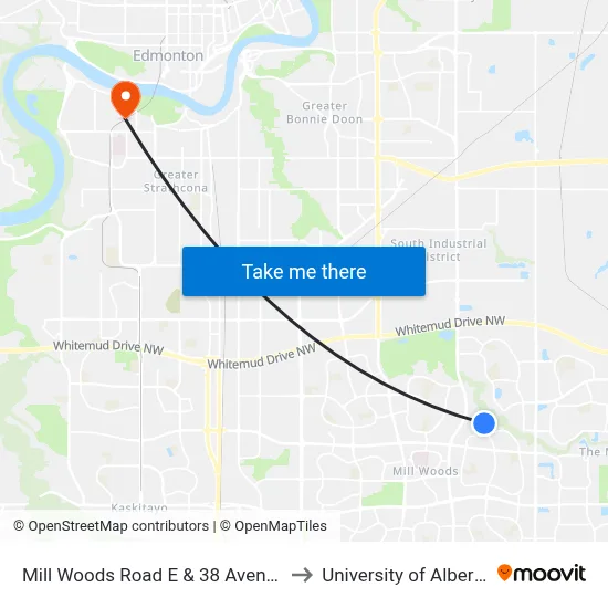Mill Woods Road E & 38 Avenue to University of Alberta map