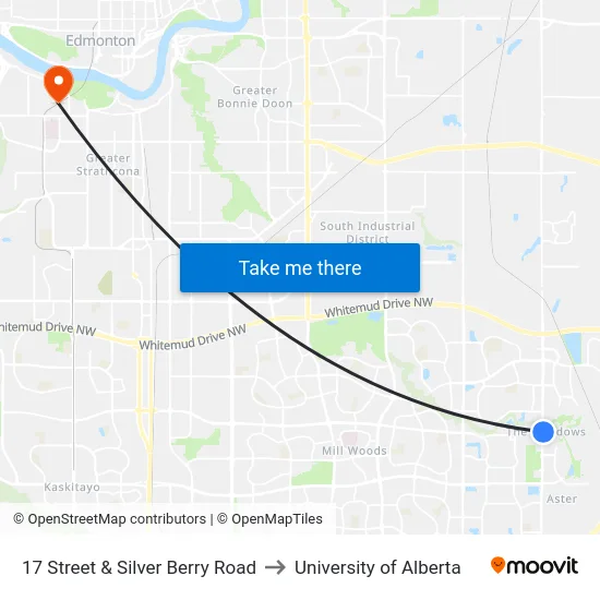 17 Street & Silver Berry Road to University of Alberta map