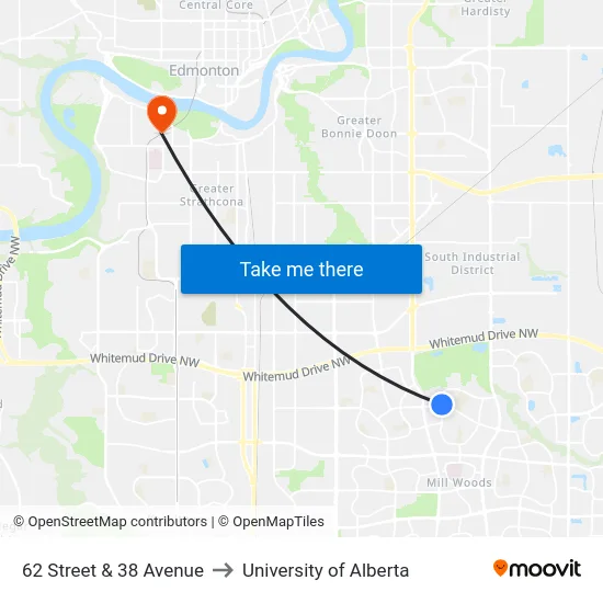 62 Street & 38 Avenue to University of Alberta map