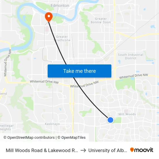 Mill Woods Road & Lakewood Road S to University of Alberta map
