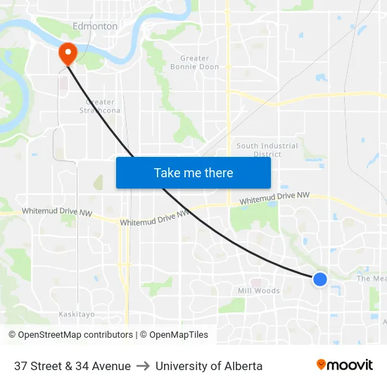 37 Street & 34 Avenue to University of Alberta map