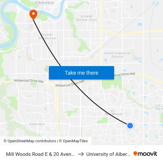 Mill Woods Road E & 20 Avenue to University of Alberta map