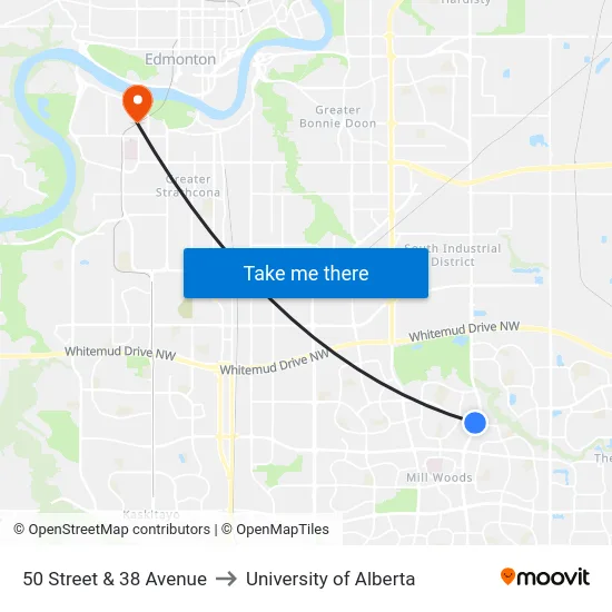 50 Street & 38 Avenue to University of Alberta map
