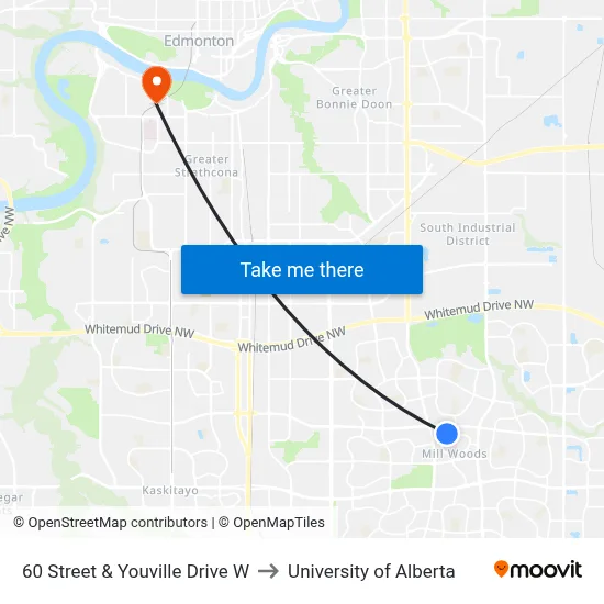 60 Street & Youville Drive W to University of Alberta map