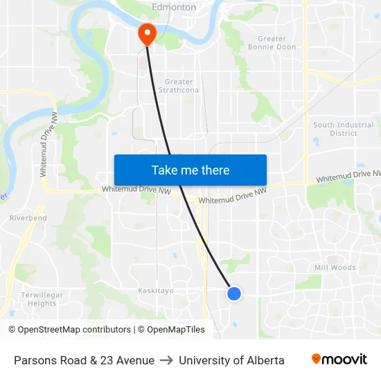 Parsons Road & 23 Avenue to University of Alberta map