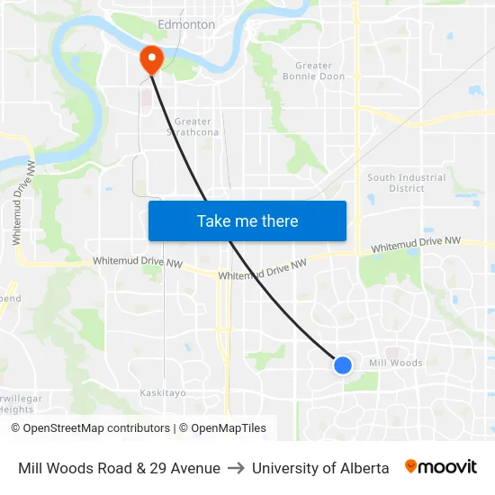 Mill Woods Road & 29 Avenue to University of Alberta map