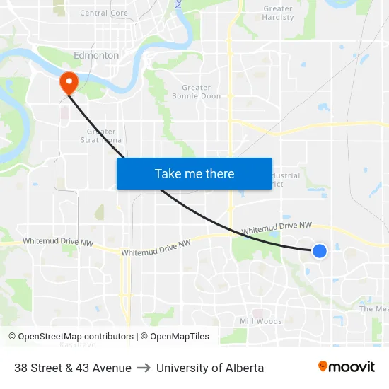 38 Street & 43 Avenue to University of Alberta map