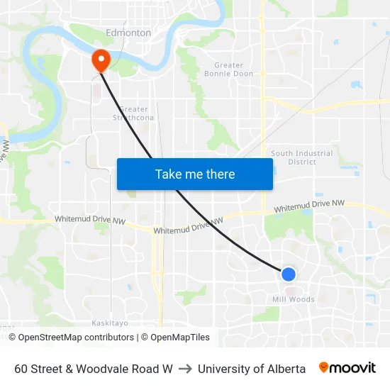 60 Street & Woodvale Road W to University of Alberta map
