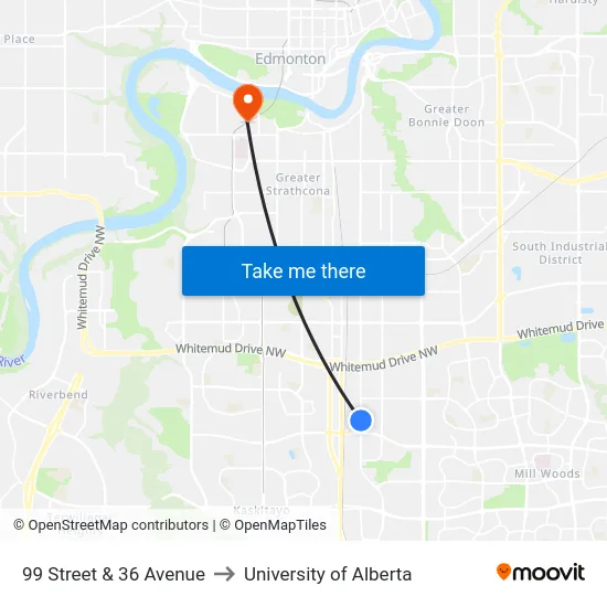 99 Street & 36 Avenue to University of Alberta map