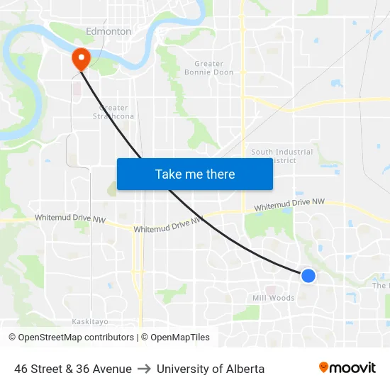 46 Street & 36 Avenue to University of Alberta map