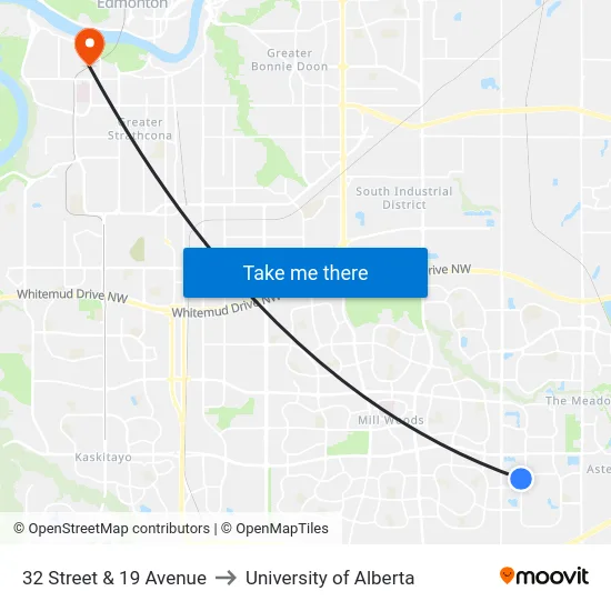 32 Street & 19 Avenue to University of Alberta map