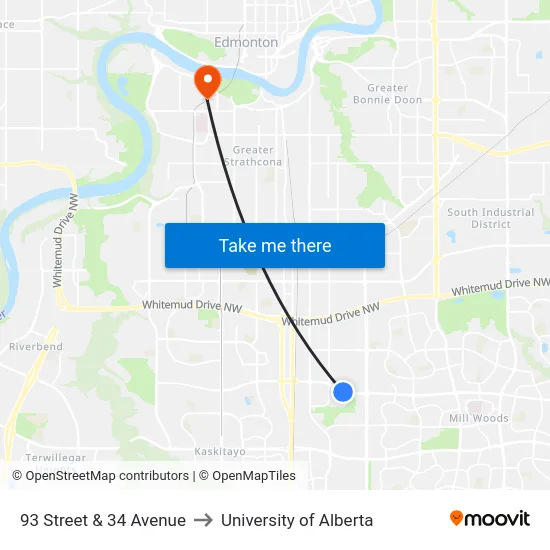93 Street & 34 Avenue to University of Alberta map