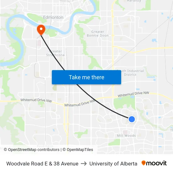 Woodvale Road E & 38 Avenue to University of Alberta map