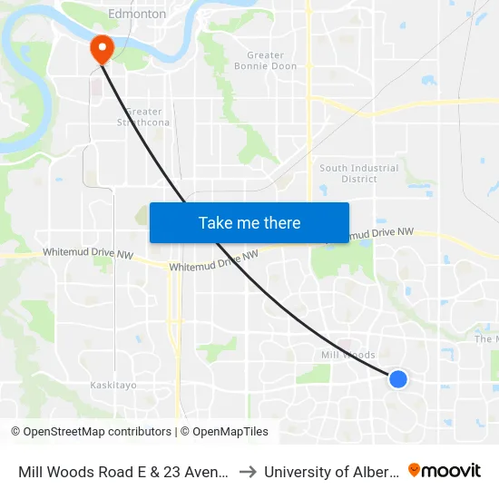 Mill Woods Road E & 23 Avenue to University of Alberta map