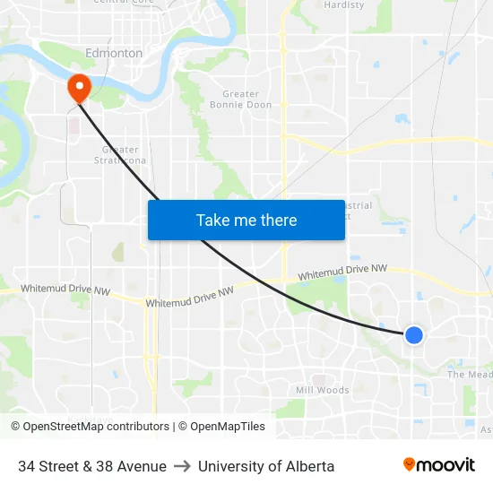 34 Street & 38 Avenue to University of Alberta map
