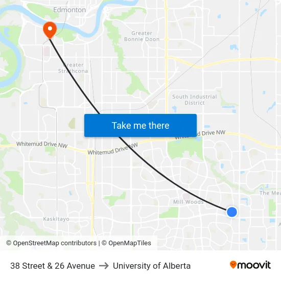 38 Street & 26 Avenue to University of Alberta map