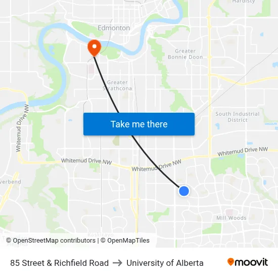 85 Street & Richfield Road to University of Alberta map