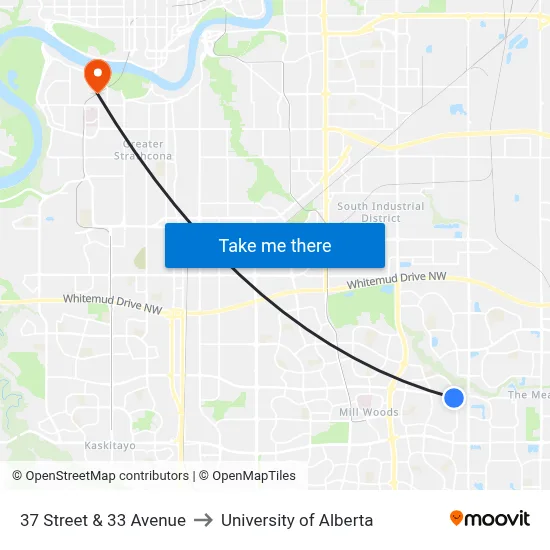 37 Street & 33 Avenue to University of Alberta map