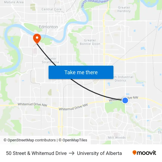 50 Street & Whitemud Drive to University of Alberta map