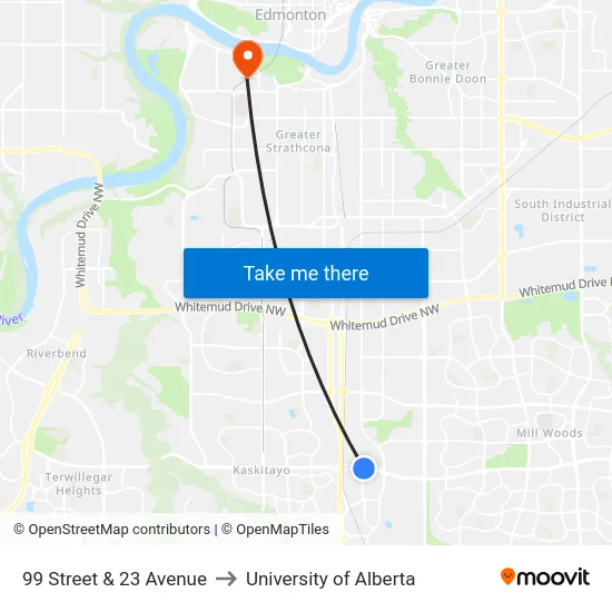 99 Street & 23 Avenue to University of Alberta map