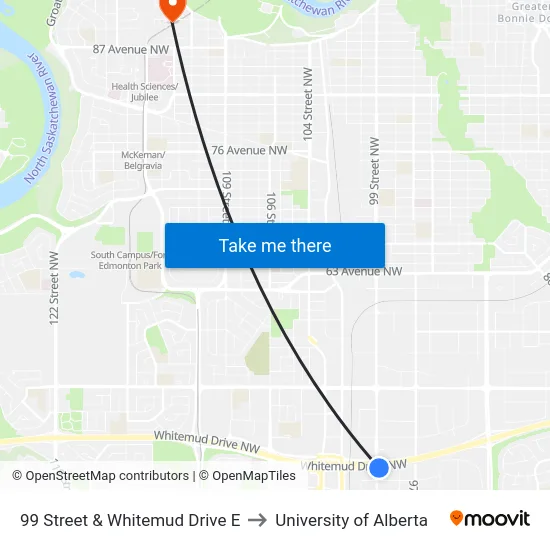 99 Street & Whitemud Drive E to University of Alberta map