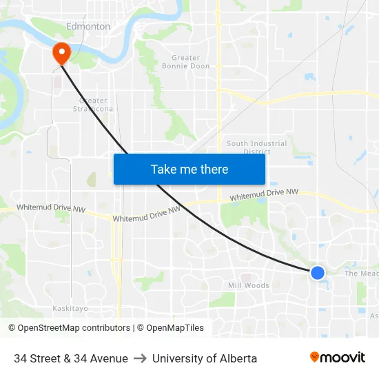 34 Street & 34 Avenue to University of Alberta map