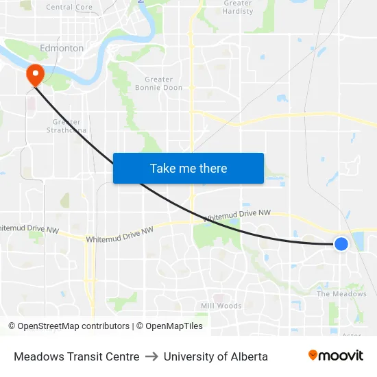 Meadows Transit Centre to University of Alberta map