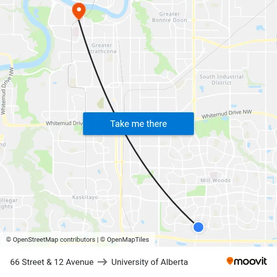 66 Street & 12 Avenue to University of Alberta map