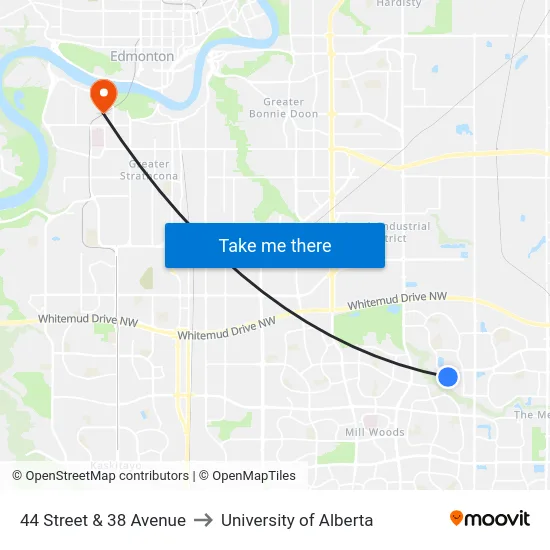 44 Street & 38 Avenue to University of Alberta map