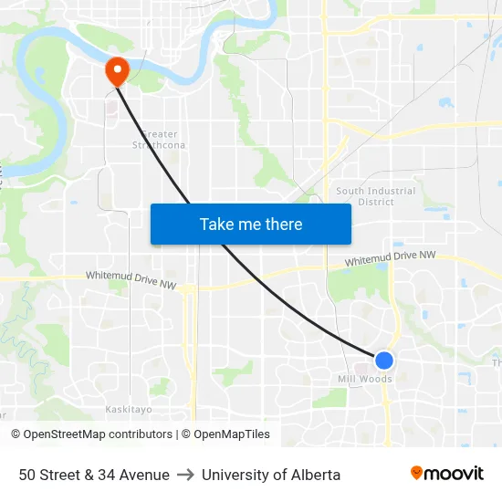 50 Street & 34 Avenue to University of Alberta map