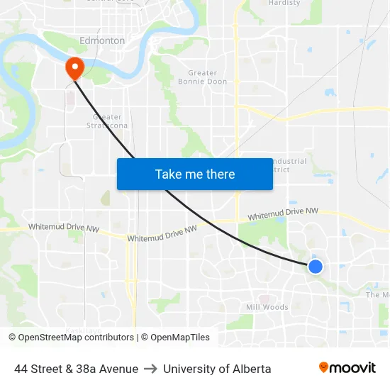 44 Street & 38a Avenue to University of Alberta map