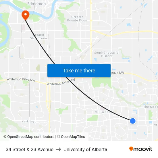 34 Street & 23 Avenue to University of Alberta map